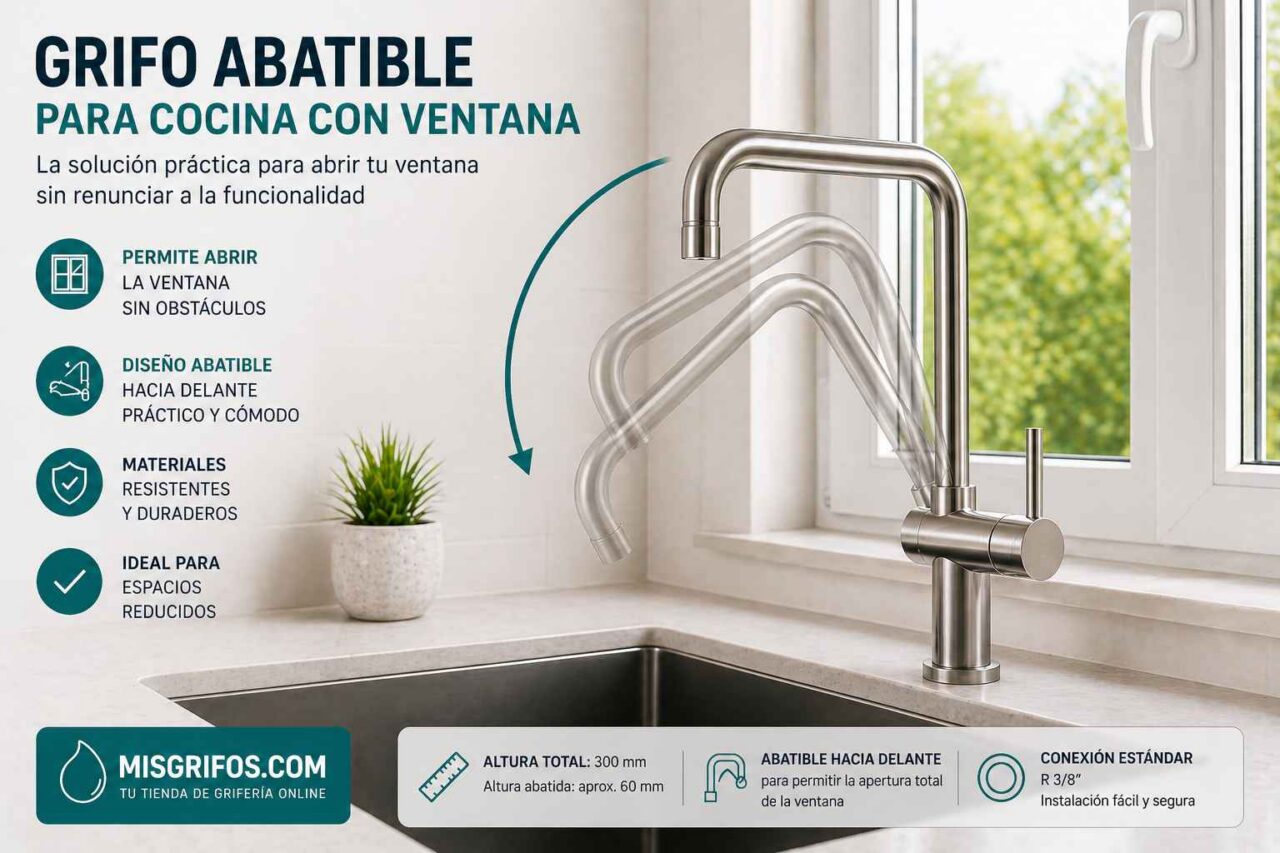 Grifo abatible de cocina plegándose hacia adelante para permitir abrir una ventana sin obstáculos