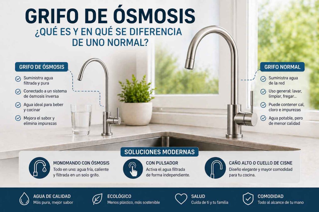 Qué es un grifo de ósmosis comparado con un grifo normal en cocina mostrando diferencias de uso y calidad del agua